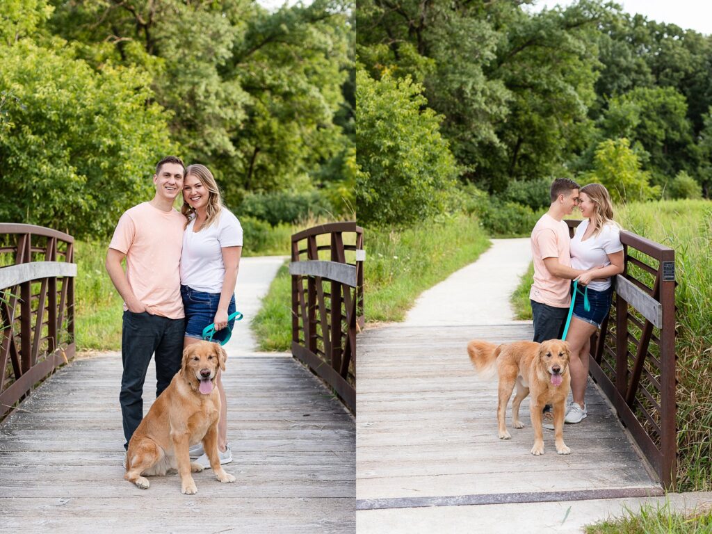 Casual couples photo on a bridge with dog, couples photo session