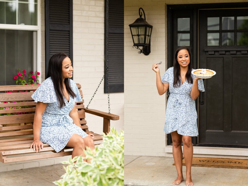 food photographer on porch with pie, branding image for a food photographer