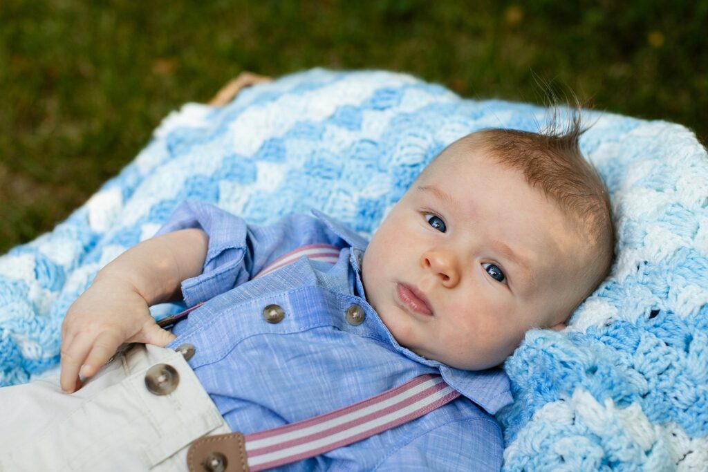 3 month old photos, milestone photos, baby boy in suspenders