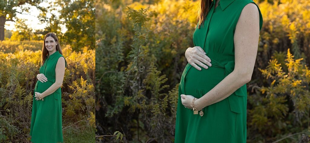 Oakbrook Maternity Photographer, maternity session, green dress, pregnant belly photo