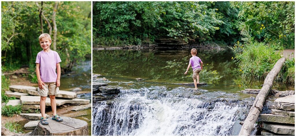 Little boy stands on tree stump at Waterfall Glen for a photo