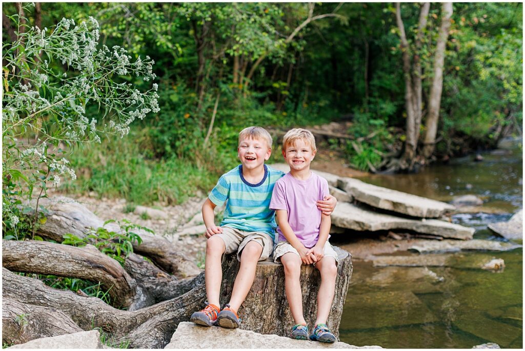 Brothers sitting on a tree stump at Waterfall Glen in Darien, IL