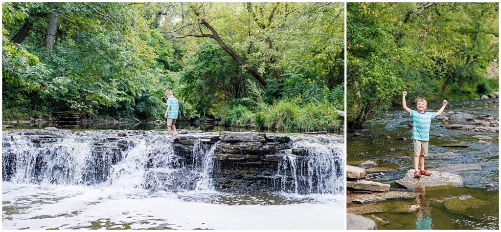 Boy standing on Waterfall Glen waterfall and on a rock