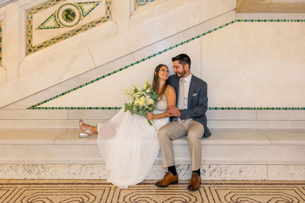 Couple photos sitting at the Chicago Cultural Center