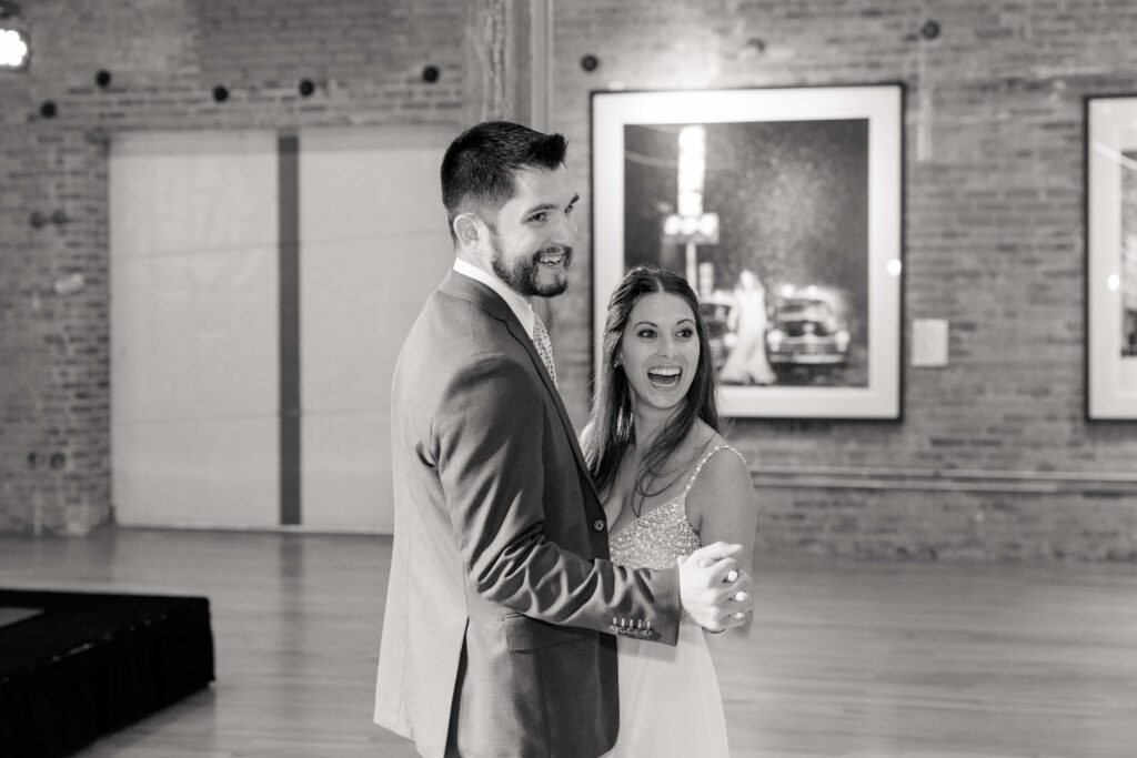 Bride and Groom black and white dancing photo at Morgan Arts Complex in Chicago