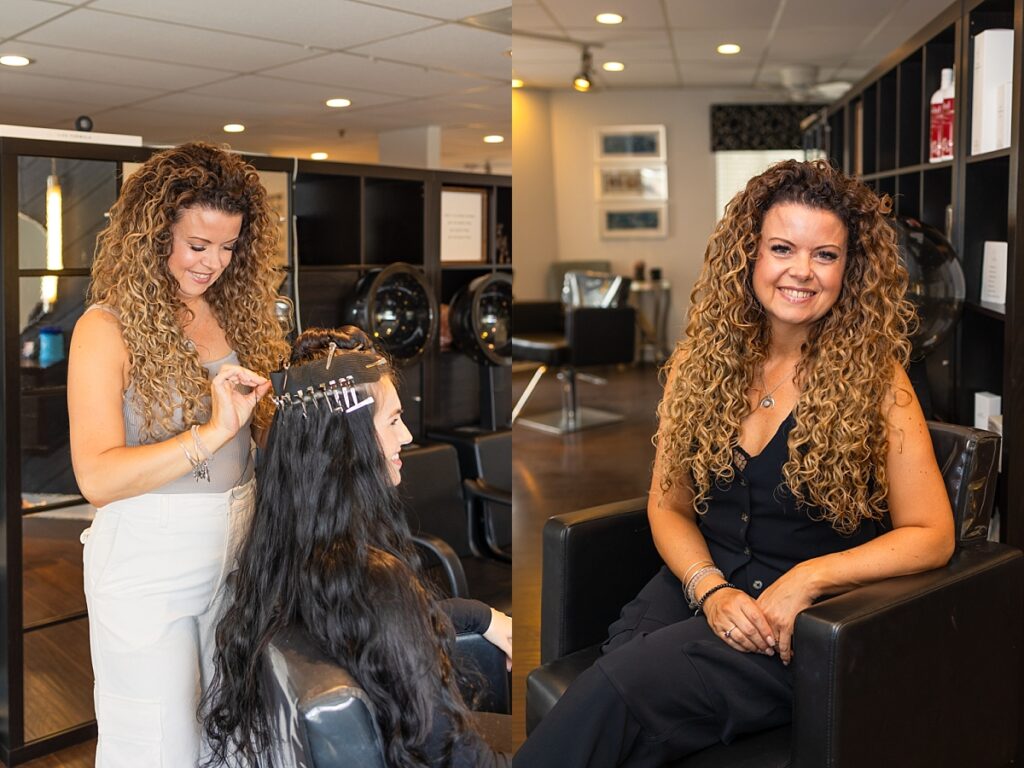 Hair stylist putting extensions in a client's hair and a photo of the salon owner facing the camera in a perm chair with the round wave dryers behind her