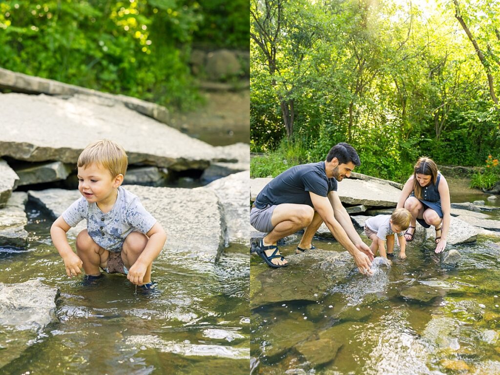 photo 1 - little boy playing in a creek bed; photo 2- mom and dad with little boy crouched down splashing in creek surrounded by rocks during a summer maternity photo session