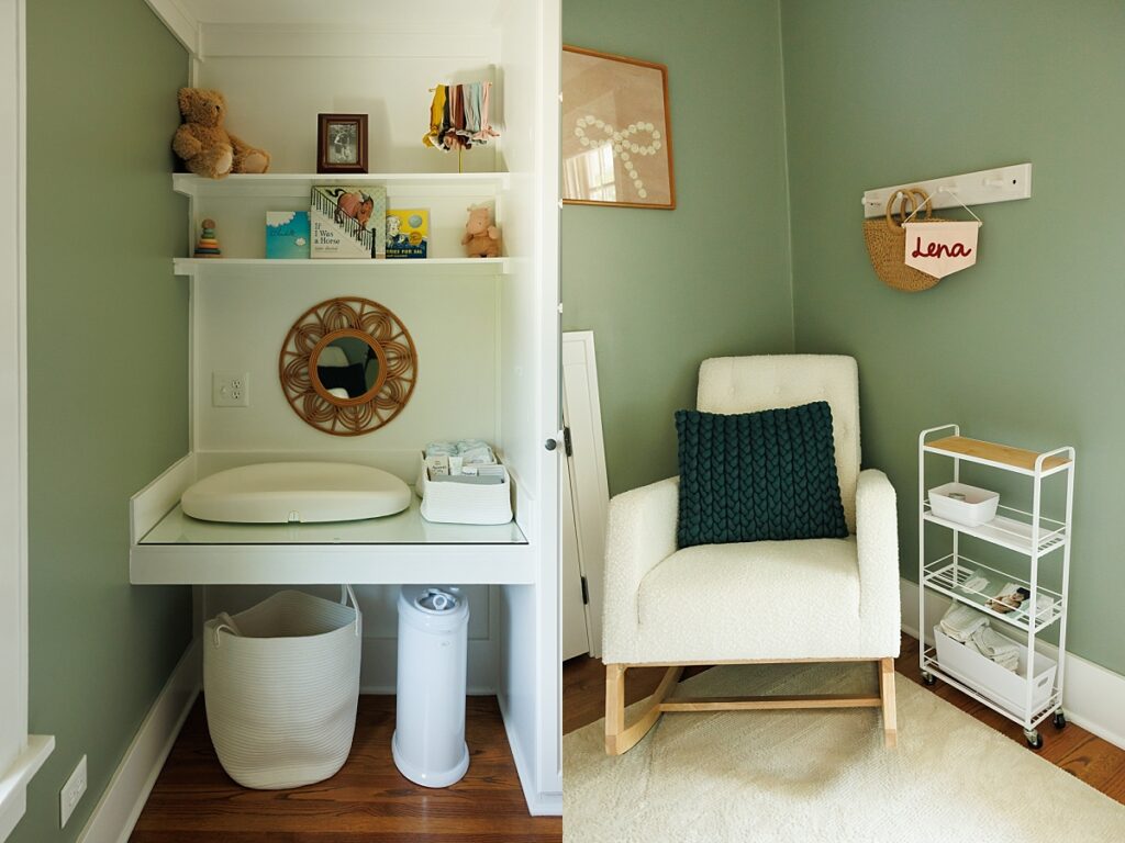 Nursery with teal walls, modern furniture and sweet details